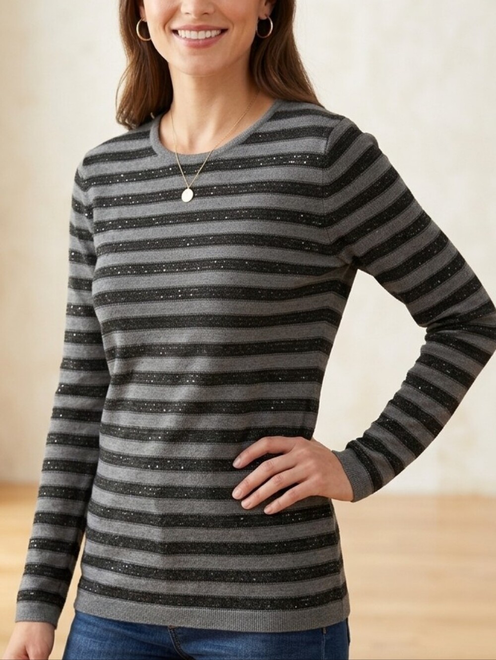 GAP Striped Sequin Crewneck Knit Sweater XL Grey Black EUC